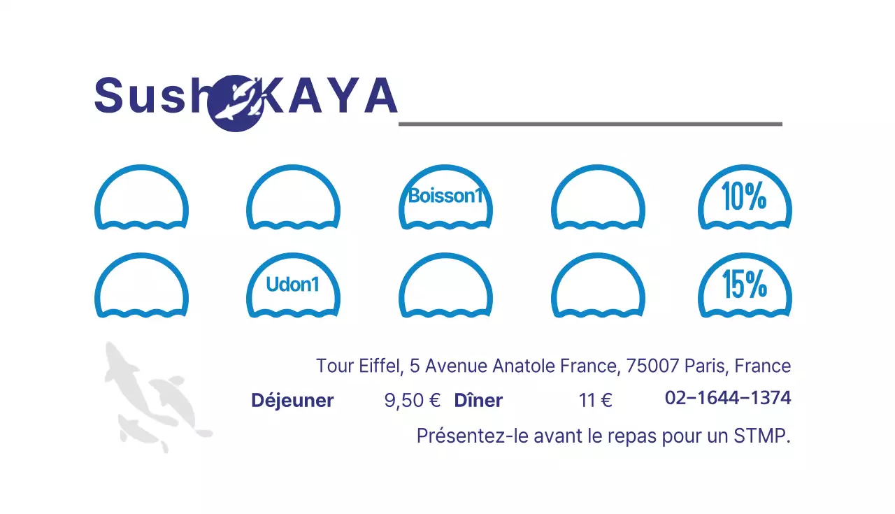 Carte postale d'un restaurant de sushis avec illustration d'une mer bleue et d'un poisson