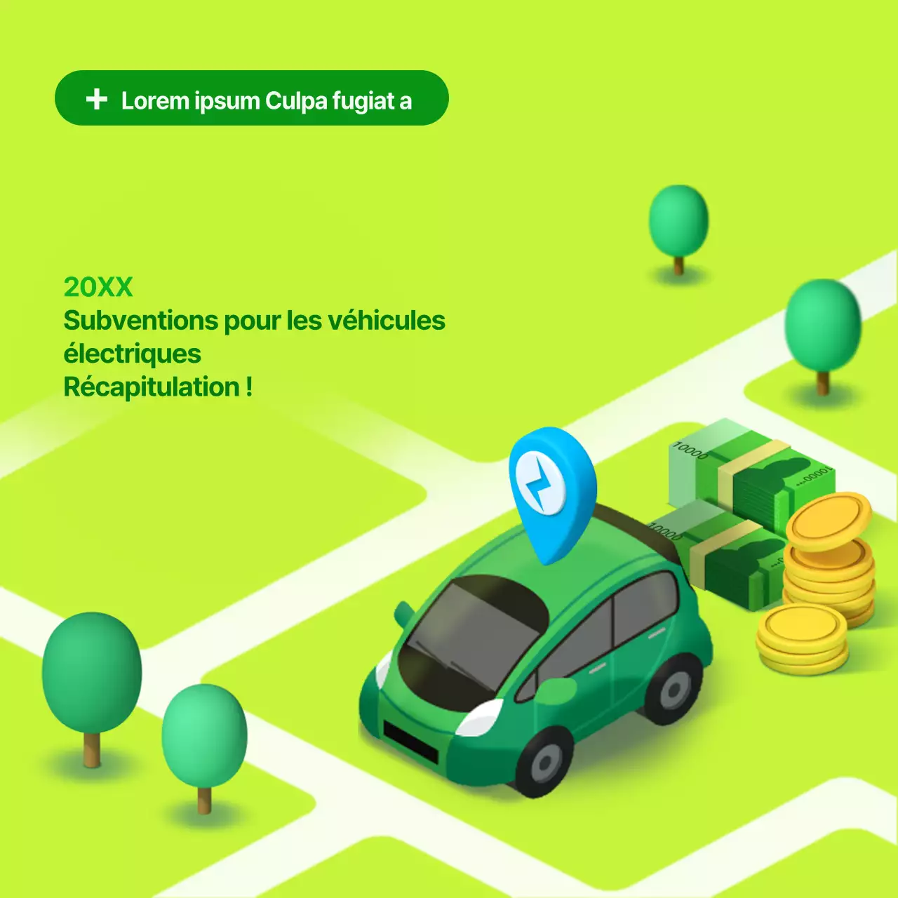Illustration tridimensionnelle en vert et vert lime sur les subventions aux véhicules électriques