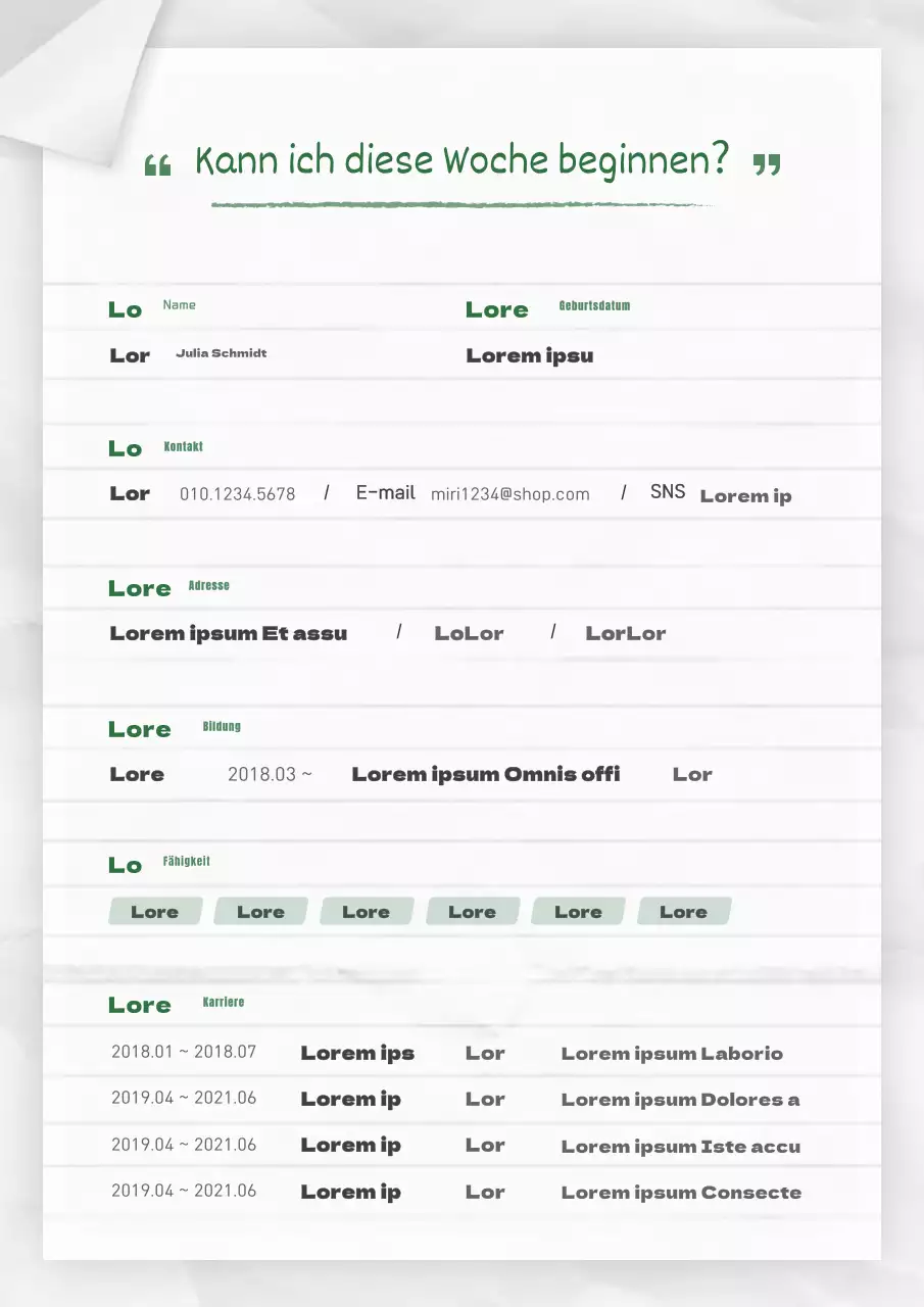Ein sauberes, weiß und grün liniertes Notizbuch Konzept für die Bewerbung um eine Teilzeitstelle