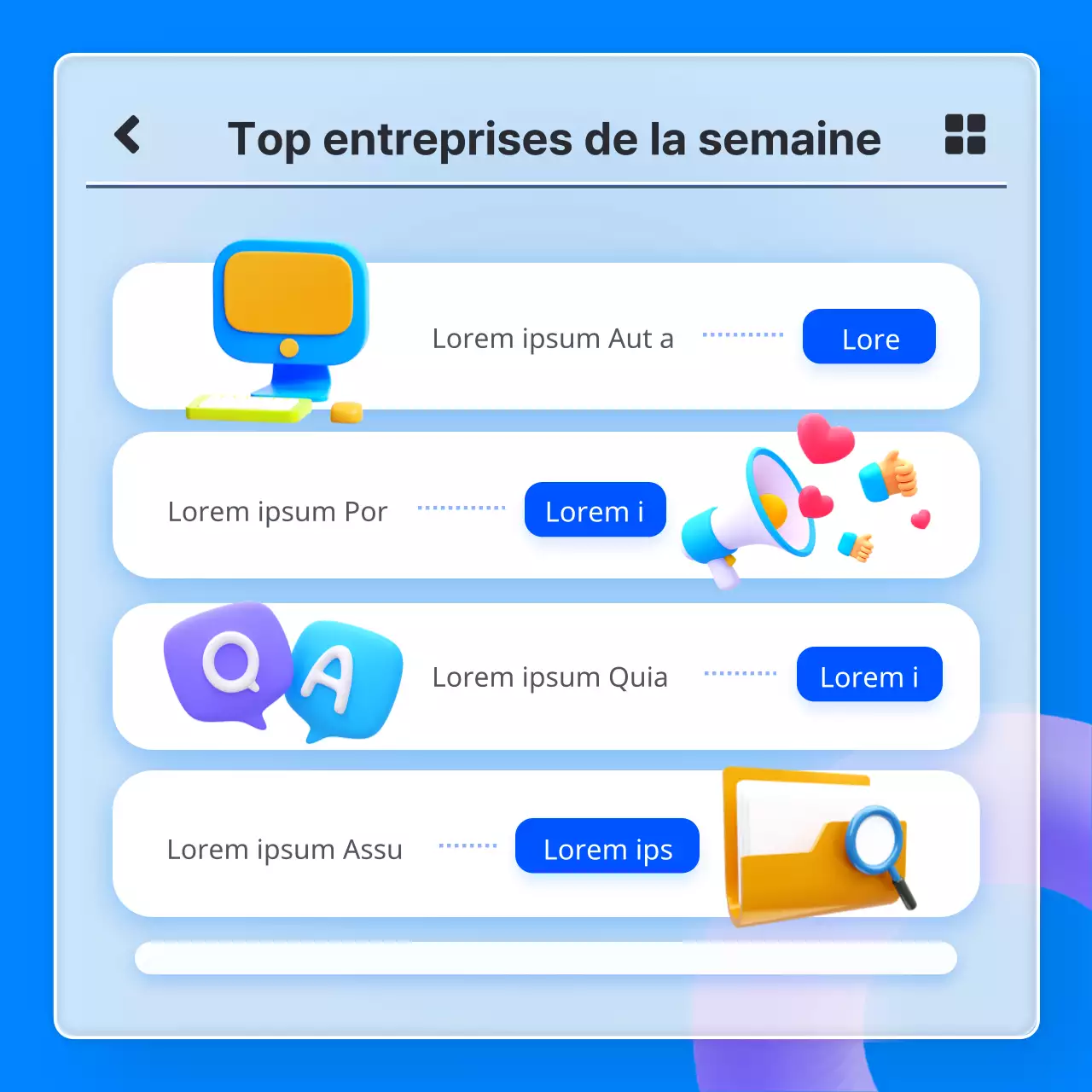 Liste d'emplois recommandés pour les entreprises informatiques avec le concept de l'application glassmorphism 3D bleu