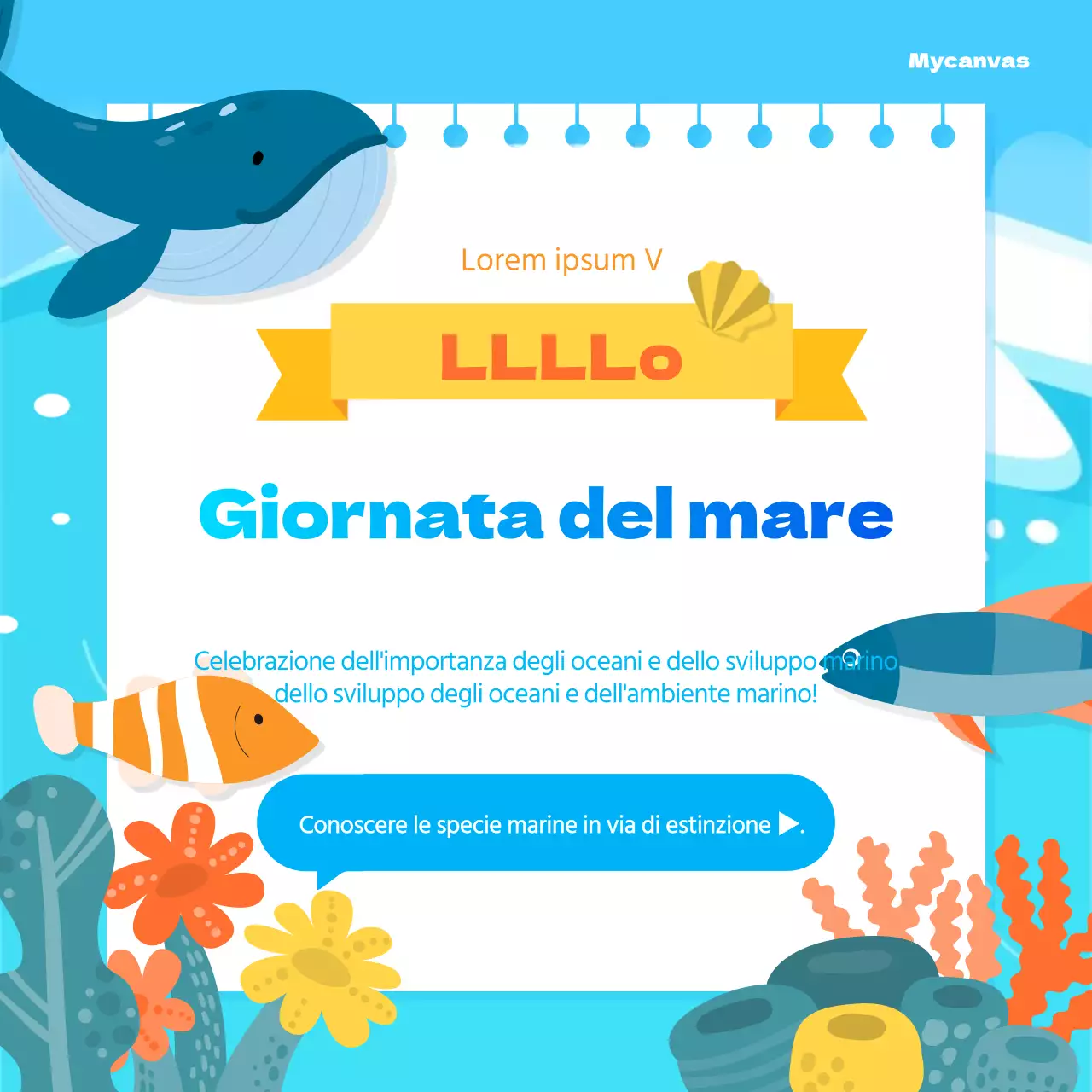 Un simpatico tema blu e giallo per la Giornata degli Oceani che presenta le creature marine in via di estinzione