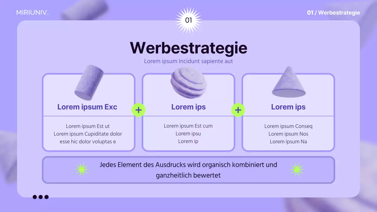 Verwenden Sie 3D-Elemente auf einem lilafarbenen Hintergrund, um ein Gefühl für den Raum zu schaffen und die Werbestrategie zu informieren.