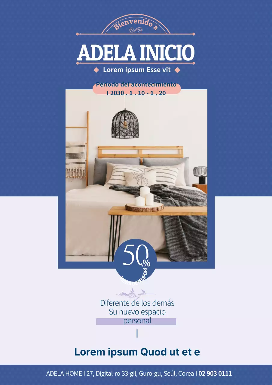 Folleto para promocionar un evento de descuento para una marca de artículos de interior con estilo en azul y blanco