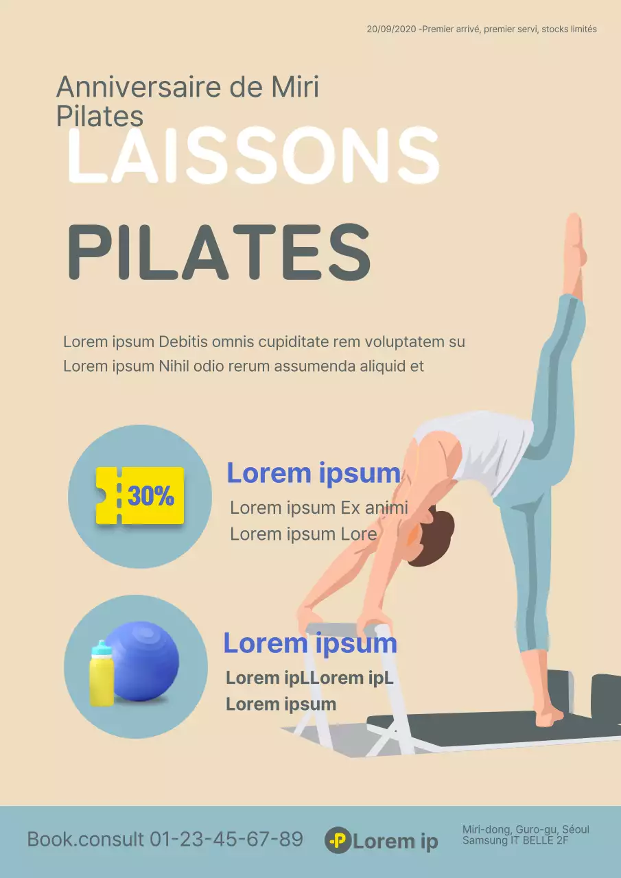 Promouvoir un événement ouvert et propre avec une illustration beige et bleue d'une personne faisant du Pilates.