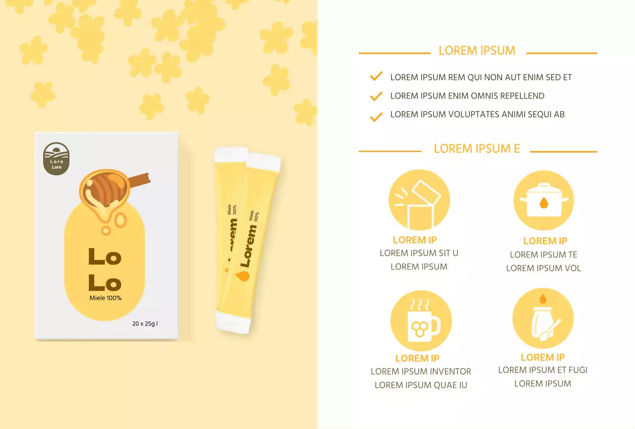 Cartolina gialla con bastoncino di miele per la promozione del prodotto