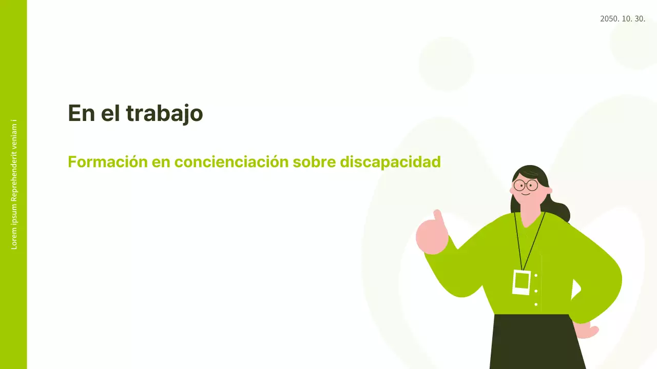Ilustración en blanco y verde lima de un PPT de sensibilización sobre la discapacidad en el lugar de trabajo