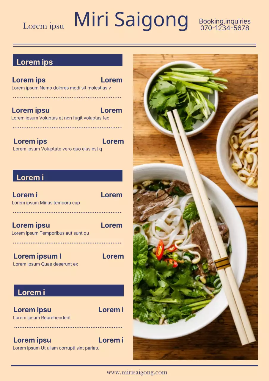 Promouvoir le menu d'un restaurant vietnamien de nouilles de riz