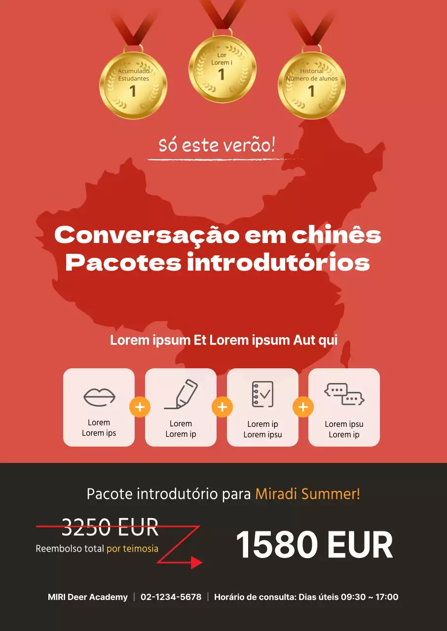 Cartaz com retrato para uma escola que promove um pacote introdutório de conversação em chinês com uma ilustração de um mapa a vermelho.