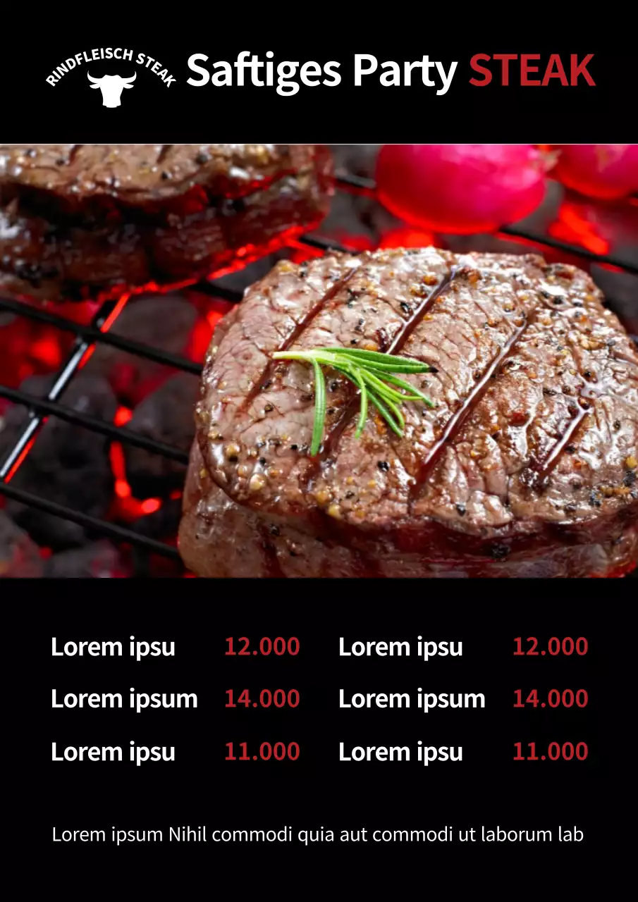 Steakhouse-Menü-Tafel mit einem schwarzen Steak-Foto und Verkaufsförderung