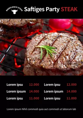 Steakhouse-Menü-Tafel mit einem schwarzen Steak-Foto und Verkaufsförderung