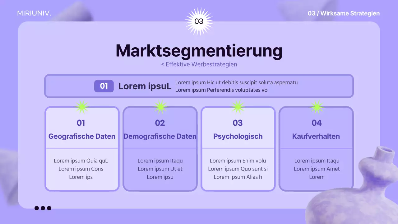 Verwenden Sie 3D-Elemente auf einem lilafarbenen Hintergrund, um ein Gefühl für den Raum zu schaffen und die Werbestrategie zu informieren.