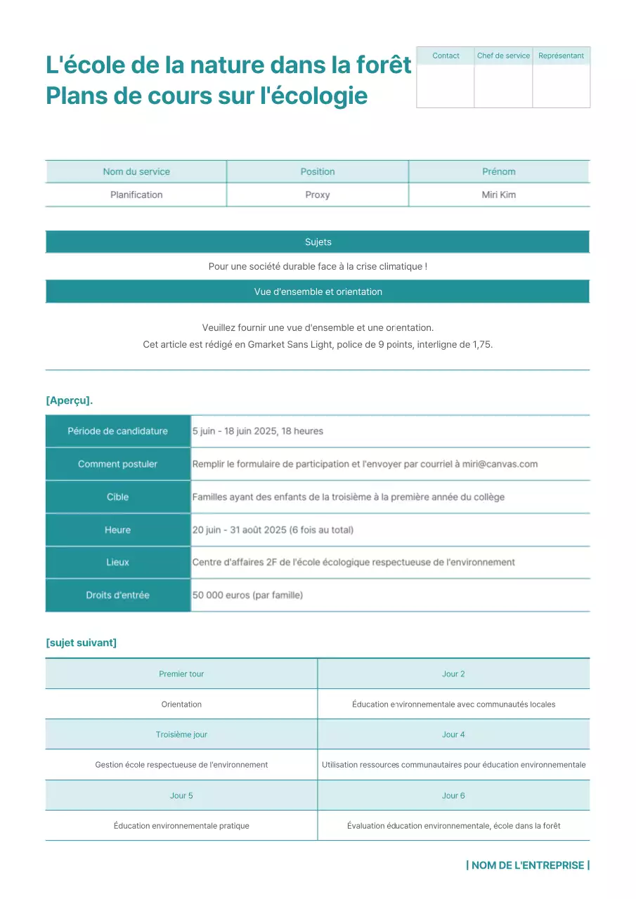 Plan de cours simple sur l'écologie aux couleurs bleu-vert