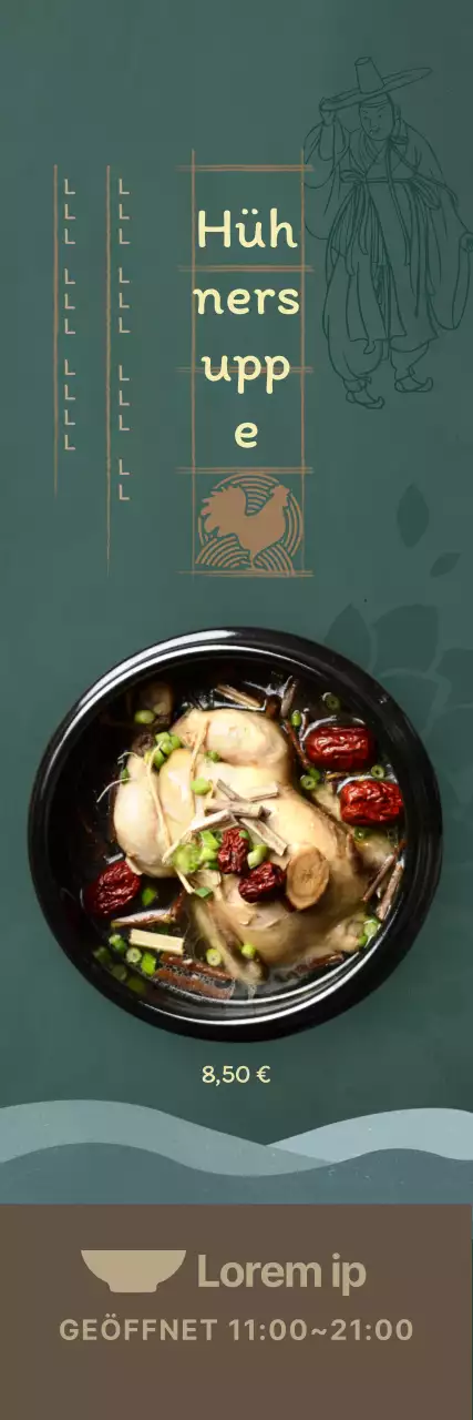 Sommermenü mit dunkelgrünem Hintergrund und orientalischen Illustrationen