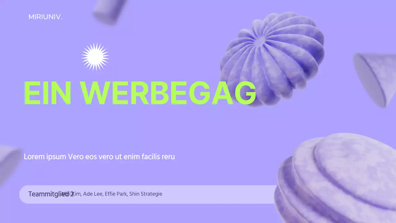 Verwenden Sie 3D-Elemente auf einem lilafarbenen Hintergrund, um ein Gefühl für den Raum zu schaffen und die Werbestrategie zu informieren.