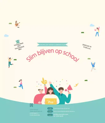 Geïllustreerd in een eenvoudige stijl van lichtblauw en lichtgeel, met informatie over de oriëntatie van de school.