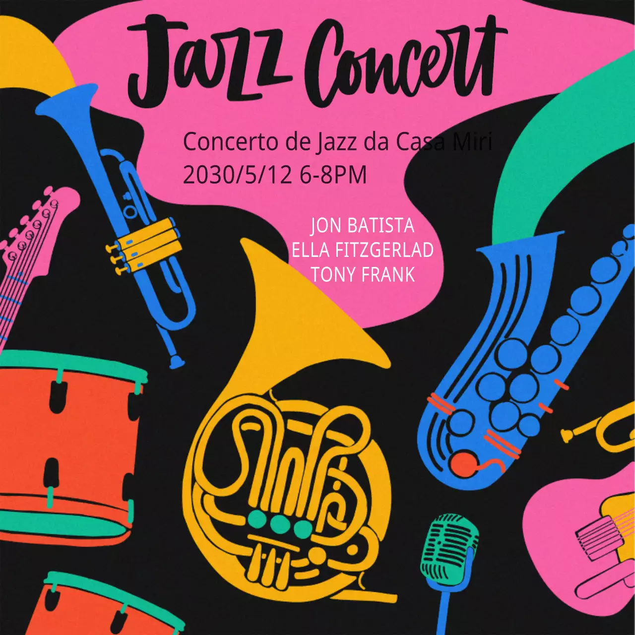 Promover um concerto de jazz em preto e cor-de-rosa com um toque glamoroso