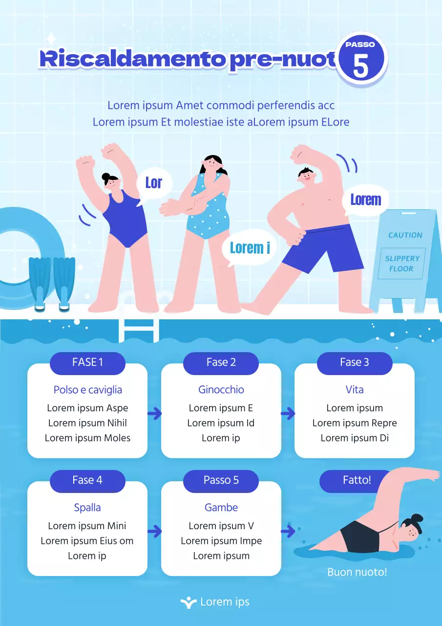 Webposter illustrato blu per il riscaldamento pre-nuoto