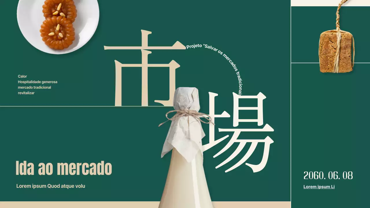 Plano de revitalização dos mercados tradicionais com objectos e tipografia em verde e bege