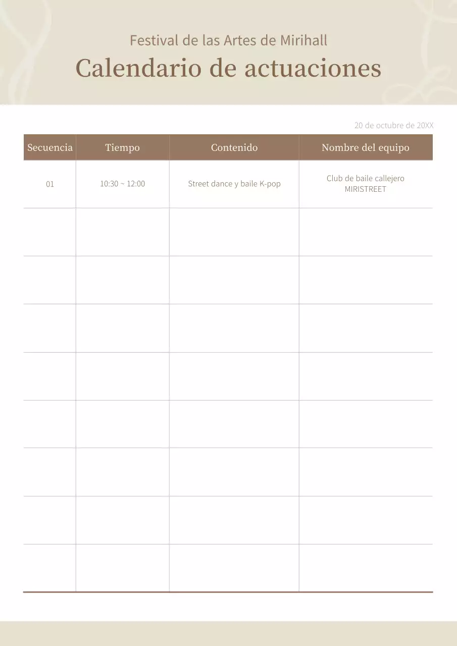 Calendario de actuaciones en marrón y beige