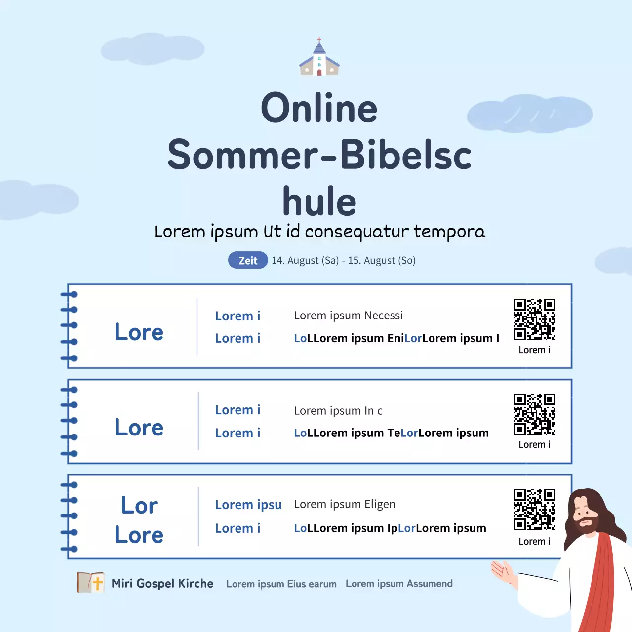 Quadratisches Kirchenbanner für eine Online-Sommerbibelschule mit einer hellblauen Noteconcept-Illustration.