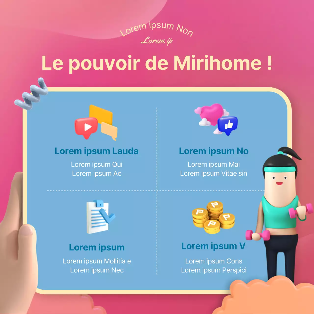 Promouvoir une mignonne application de plateforme d'entraînement à domicile sans contact en 3D, en vert et en rose.