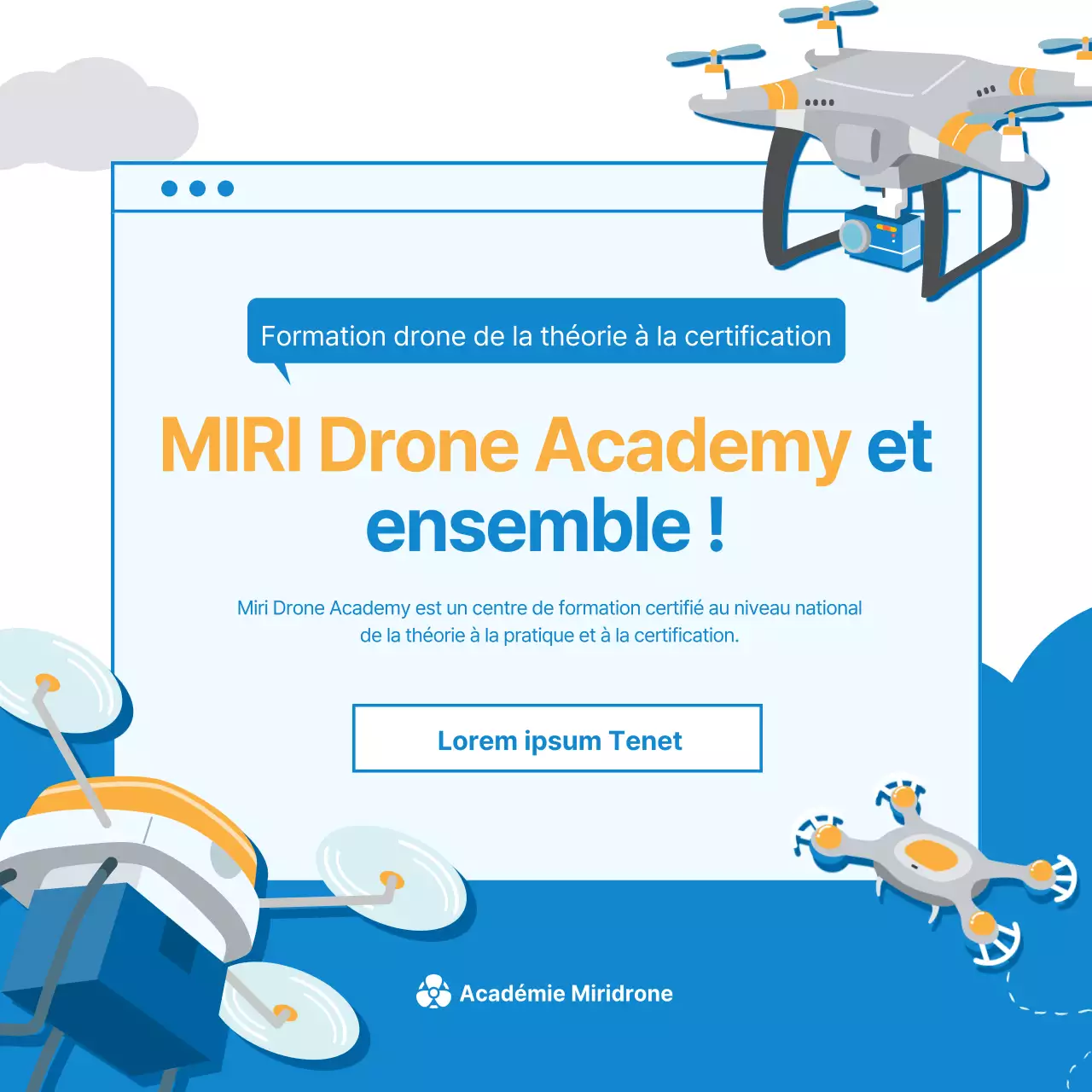 World of Drones CardNews Design dans une ambiance bleue et blanche
