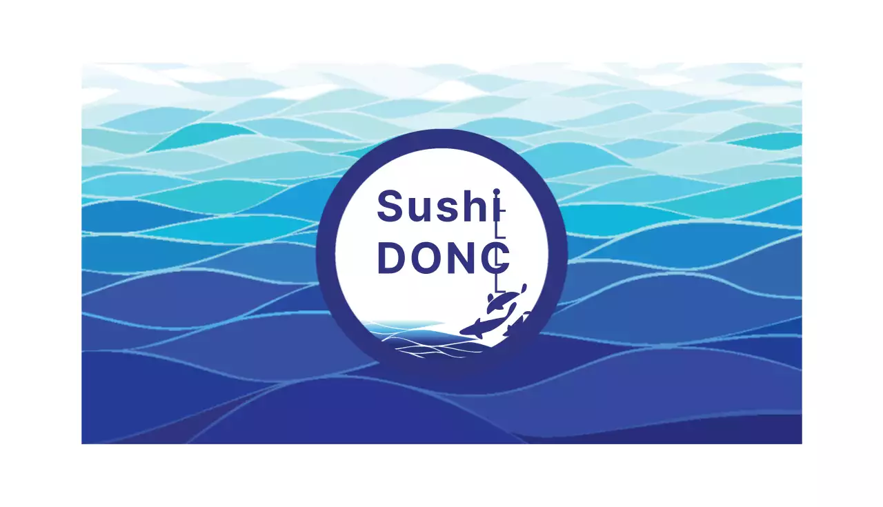 Carte postale d'un restaurant de sushis avec illustration d'une mer bleue et d'un poisson