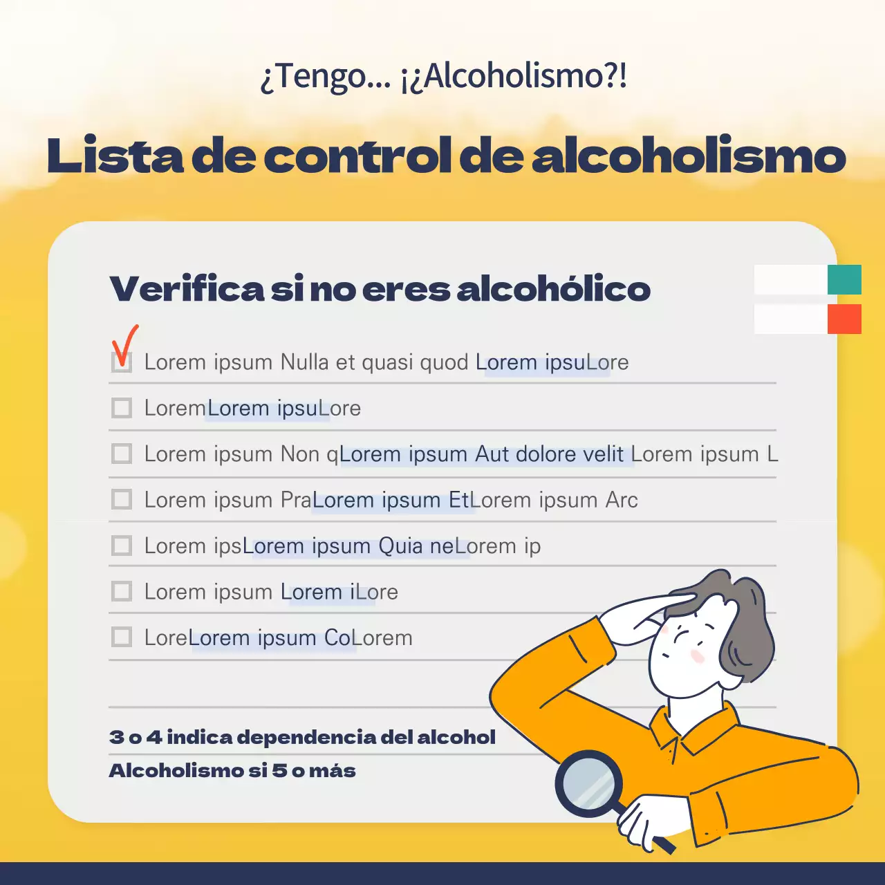 Lista de comprobación para la intoxicación etílica en amarillo e índigo