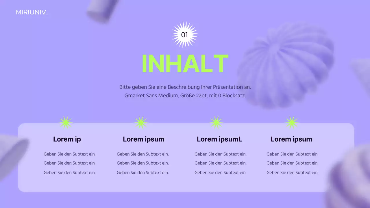 Verwenden Sie 3D-Elemente auf einem lilafarbenen Hintergrund, um ein Gefühl für den Raum zu schaffen und die Werbestrategie zu informieren.