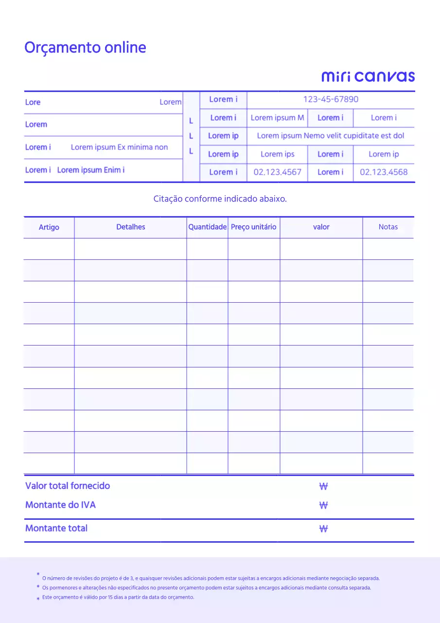 Modelos de documentos comerciais de pré-canvas de cotação online azuis