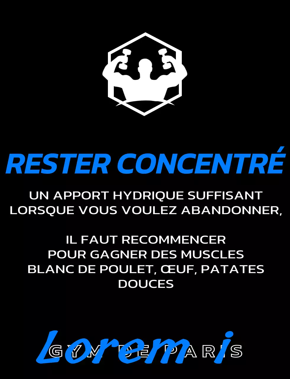 Un design réservé aux membres d'une salle de sport avec un logo noir et bleu et un texte relatif à l'entraînement.