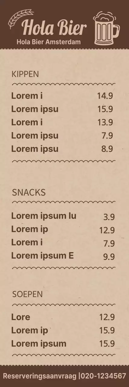 Menugids voor een eenvoudige conceptbrouwerij in bruine en lichtbruine kleuren