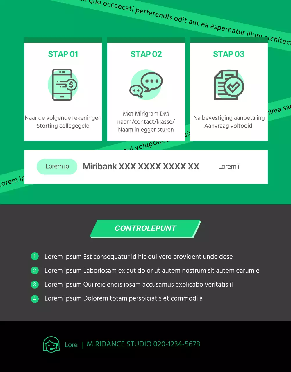 Details pop-up dansles in zwart en groen kleurenschema