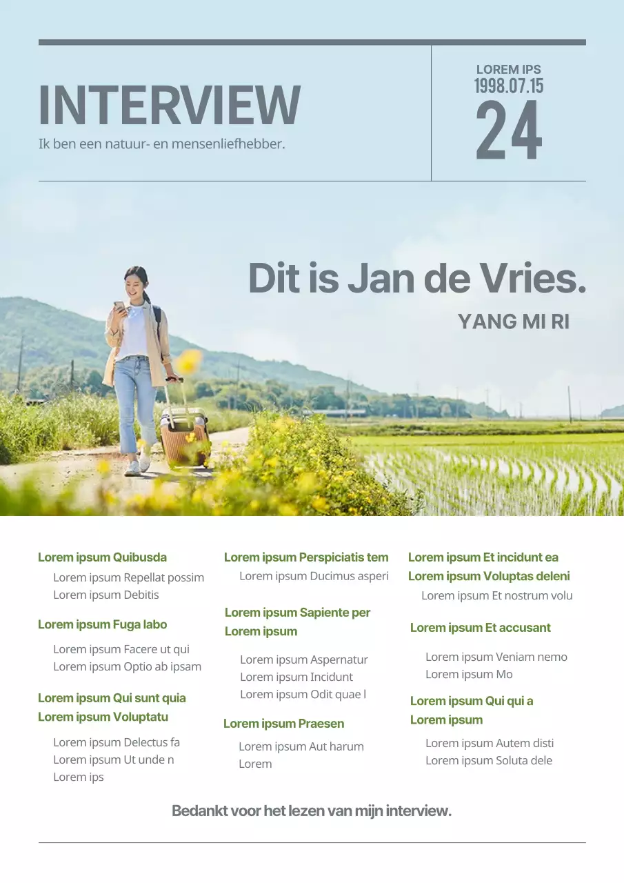 Eenvoudige cv in interviewstijl met een tijdschriftcover van natuurfotografie