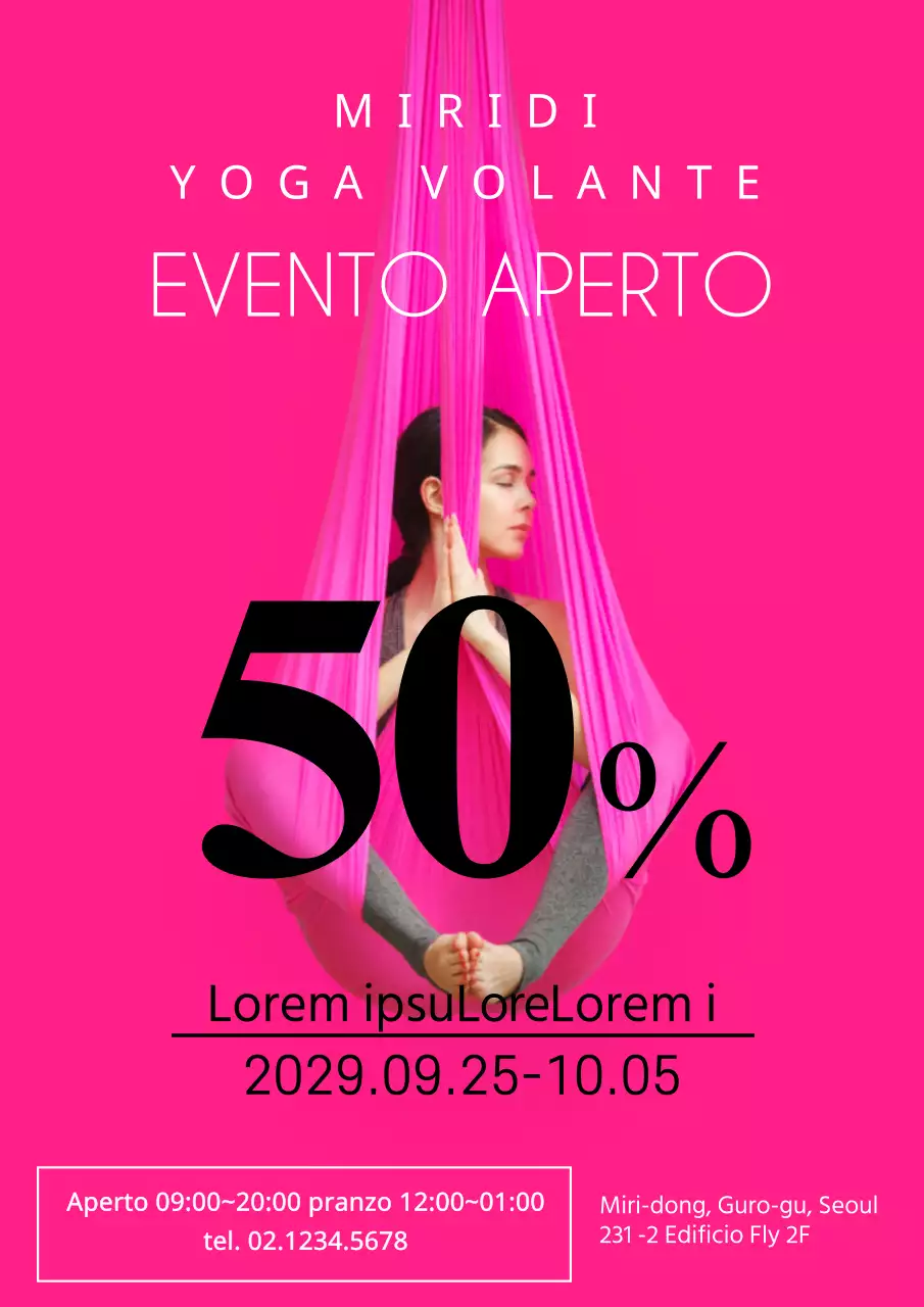Evento di sconto per l'apertura della scuola con immagini di yoga volanti rosa