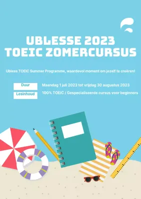 Promotie van de zomercursus TOEIC met een blauw strand en verschillende rekwisieten illustraties
