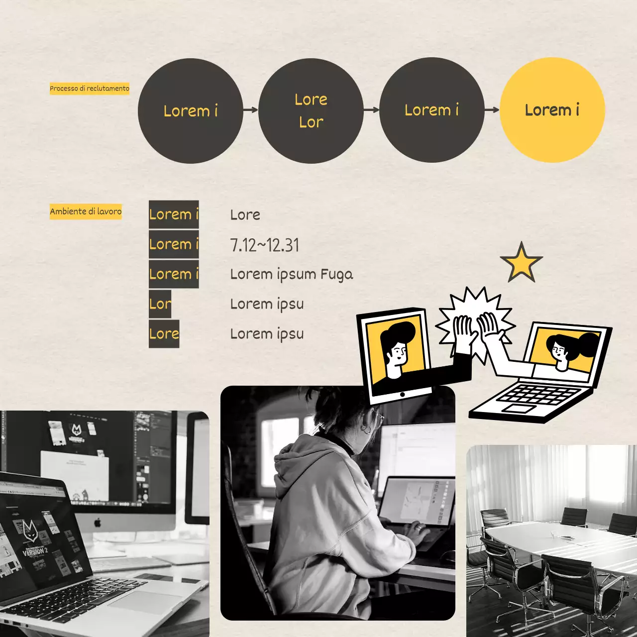 Annuncio di stage con sfondo in carta e illustrazione in giallo e nero