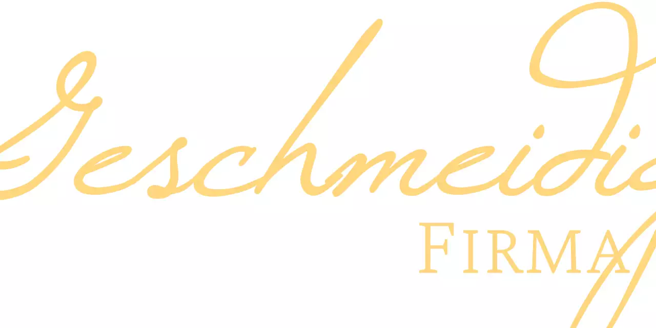 Firmenlogo in einer luxuriösen kursiven Schriftart in Hellgelb.