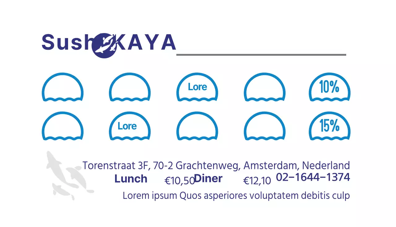 Sushi restaurant stempelkaart met blauwe zee en vis illustratie