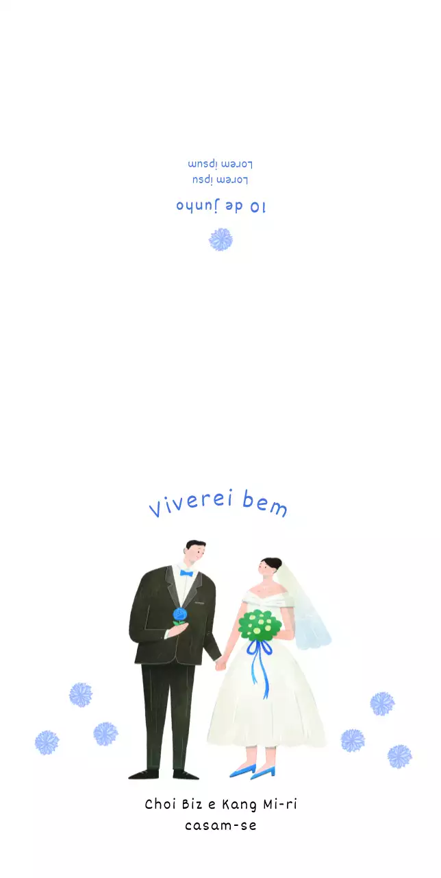 Convite de casamento simples e giro com ilustração dos noivos em tons de azul