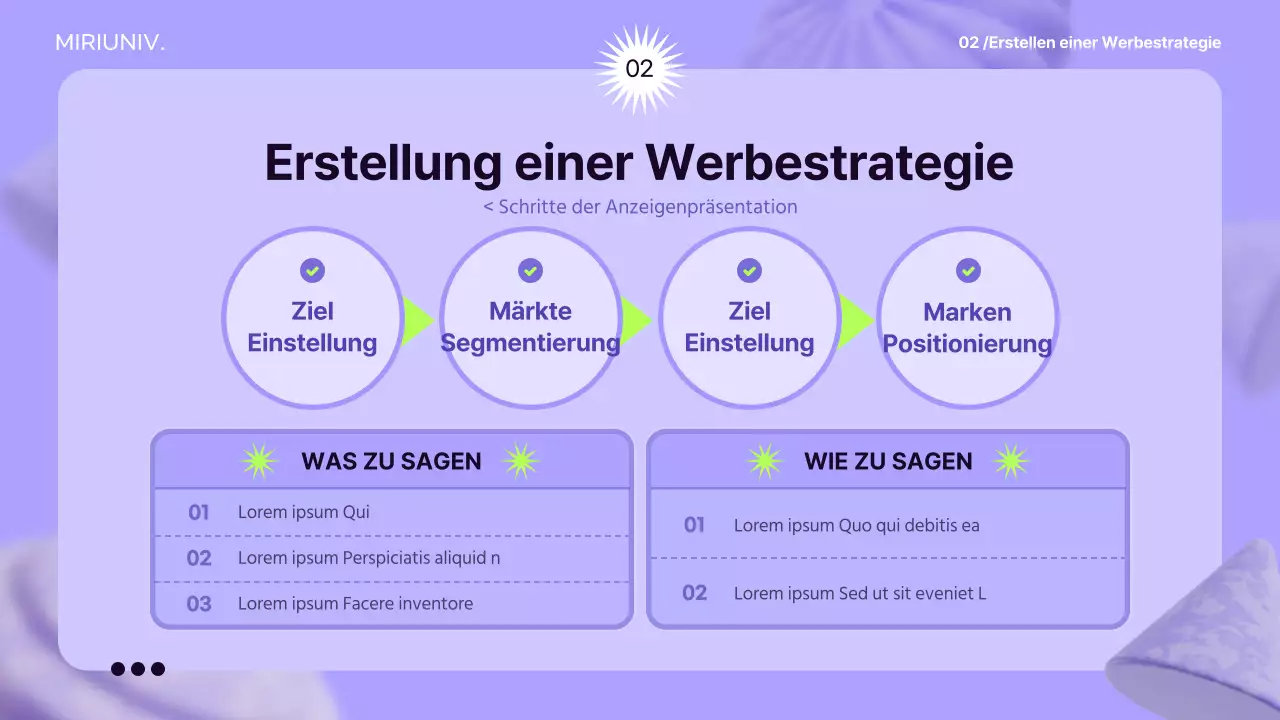 Verwenden Sie 3D-Elemente auf einem lilafarbenen Hintergrund, um ein Gefühl für den Raum zu schaffen und die Werbestrategie zu informieren.