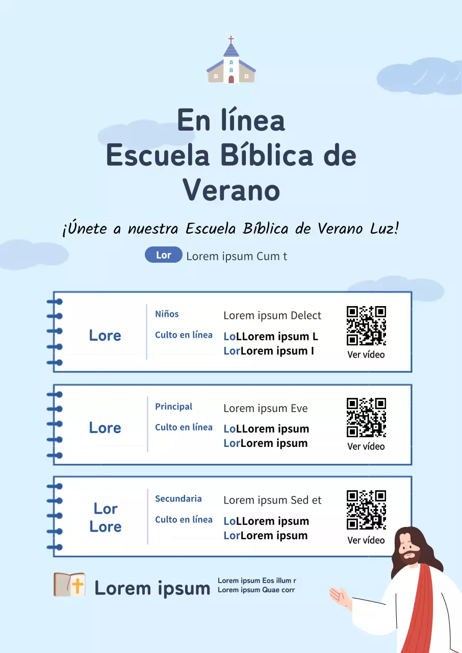 Escuela bíblica de verano en línea iglesia retrato cartel con azul claro noteconcept ilustración