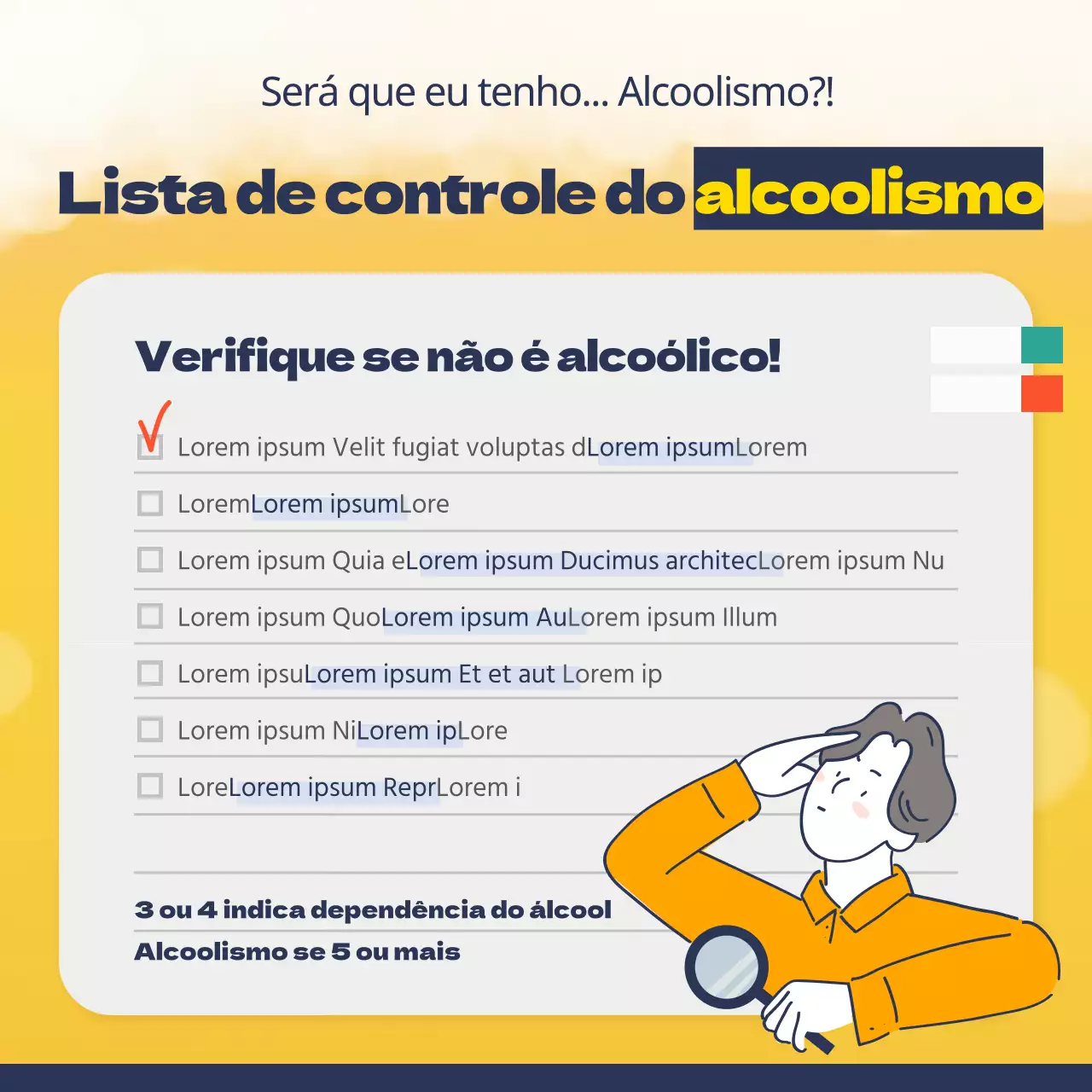 Lista de controlo para o envenenamento por álcool em amarelo e índigo