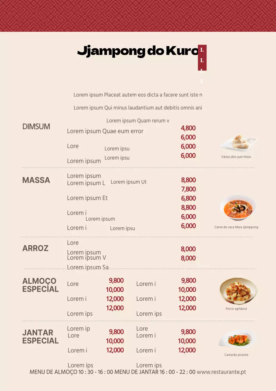 Ementa de restaurante chinês com padrões vermelhos tradicionais e fotografias de comida