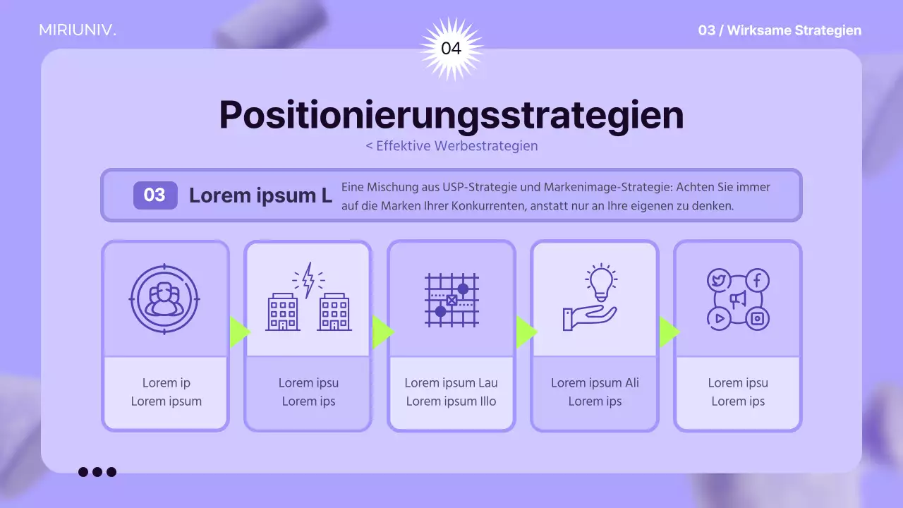 Verwenden Sie 3D-Elemente auf einem lilafarbenen Hintergrund, um ein Gefühl für den Raum zu schaffen und die Werbestrategie zu informieren.