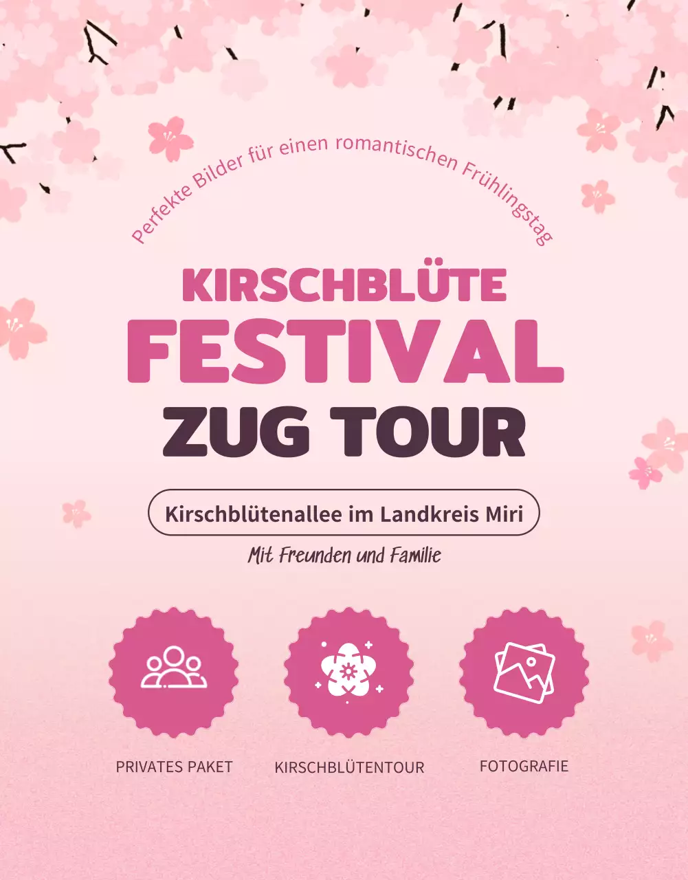 Hübsche Kirschblüten-Illustrationen in Pastellrosa zur Werbung für die Reise