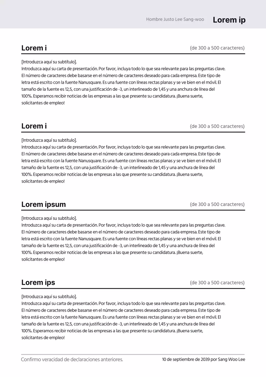 Un formulario de declaración personal gris y de concepto limpio