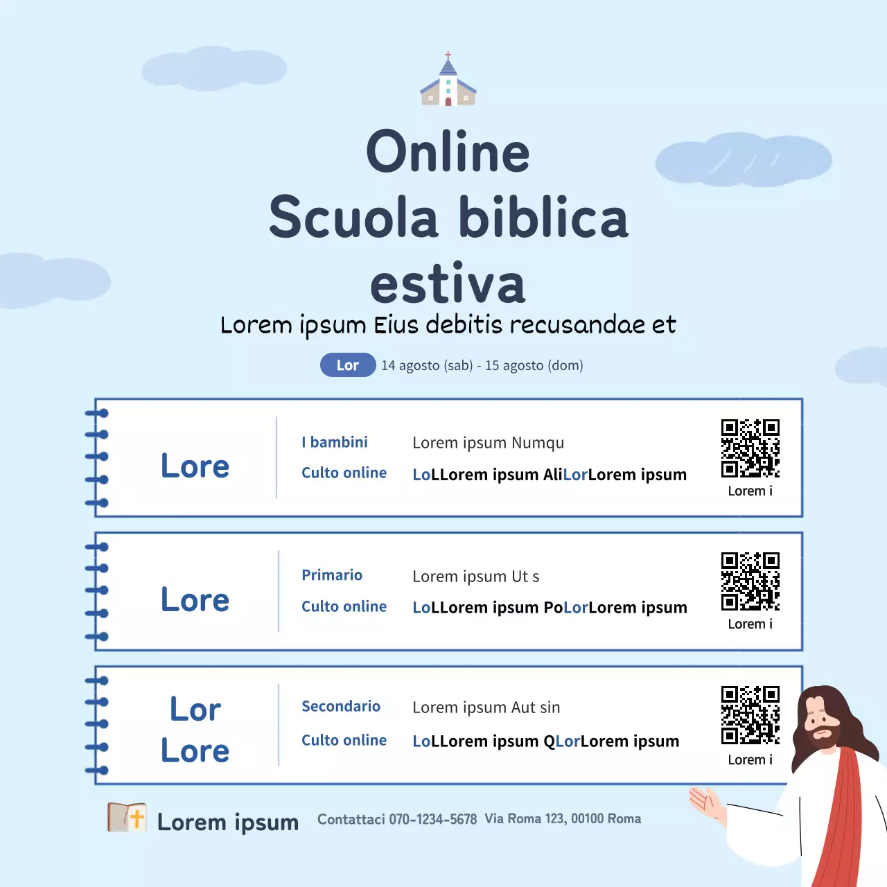 Striscione quadrato della chiesa per una scuola biblica estiva online con un'illustrazione di Noteconcept in azzurro.
