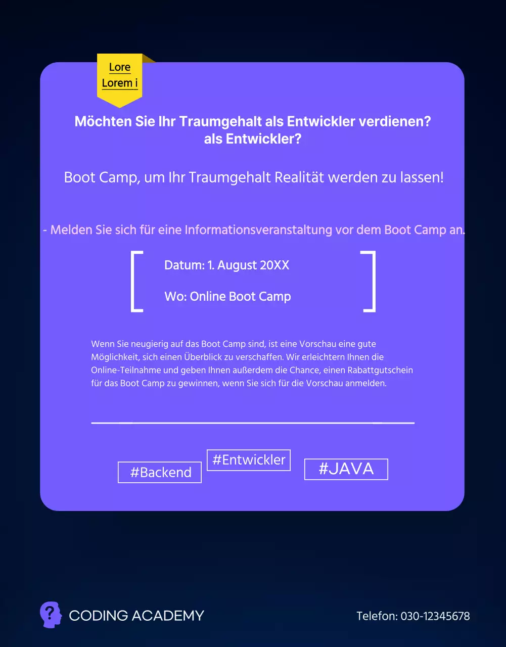 Coding Academy Schulung in Lila und Schwarz