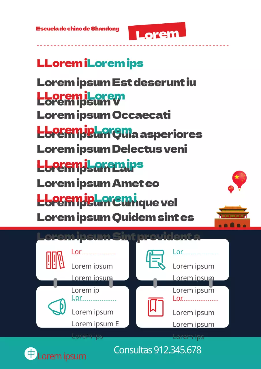 Folleto promocional rojo y verde de una escuela de chino